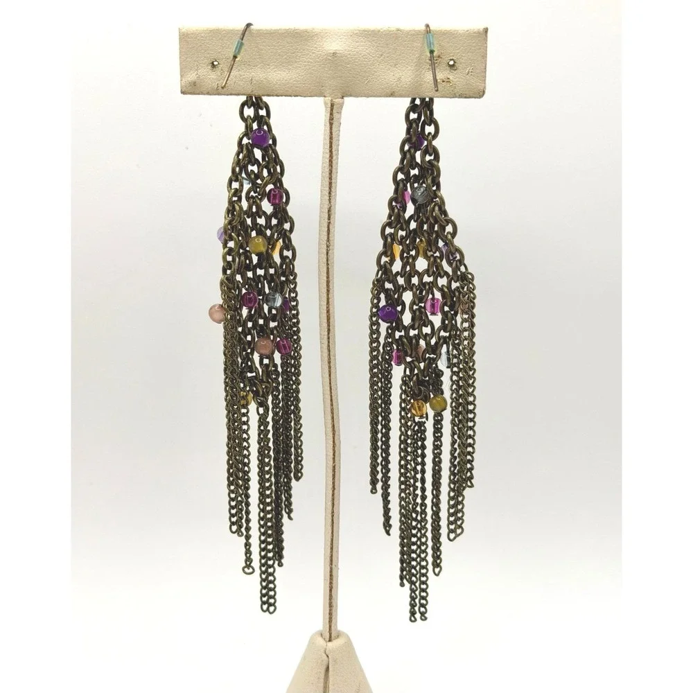 Antique Brass Tone Multi Color Bead Chain Tassel Chandelier Earrings‎ Boho 4.5